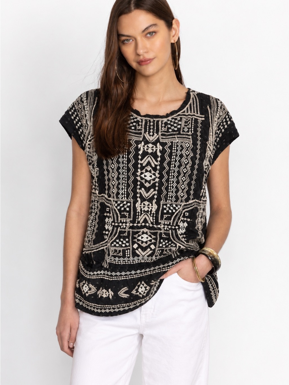 Johnny Was Biya Black Ivory Embroidered Boho Blouse Top Size XS